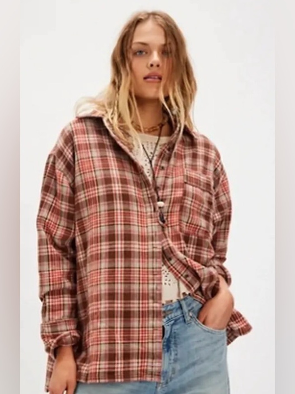 NWT Free People We The Free Hallie Plaid Shirt cocoa combo brown large